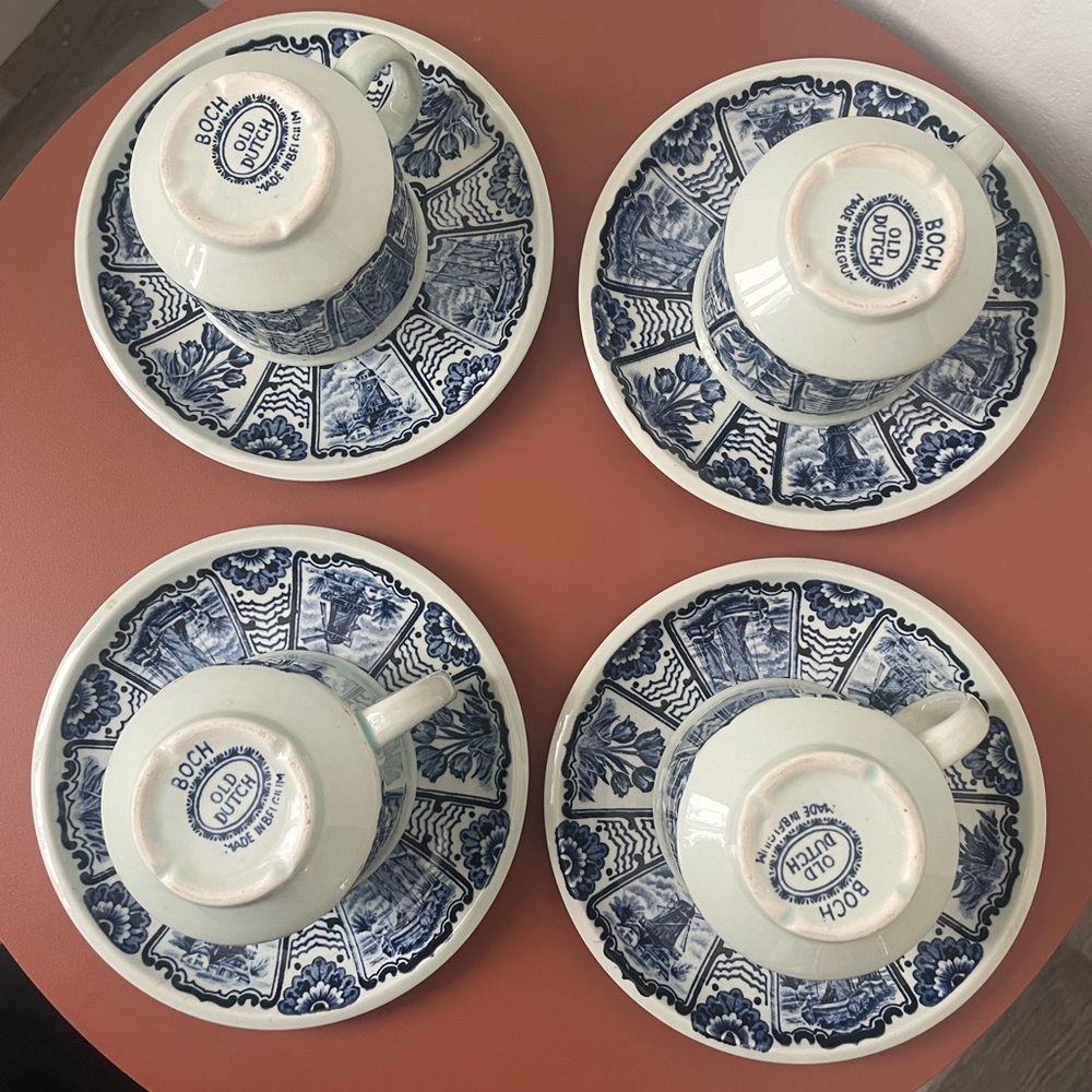 Belgian Delft Boch Old Dutch Blue & White Floral Coffee Teacups and Saucer Set - Picture 9 of 12